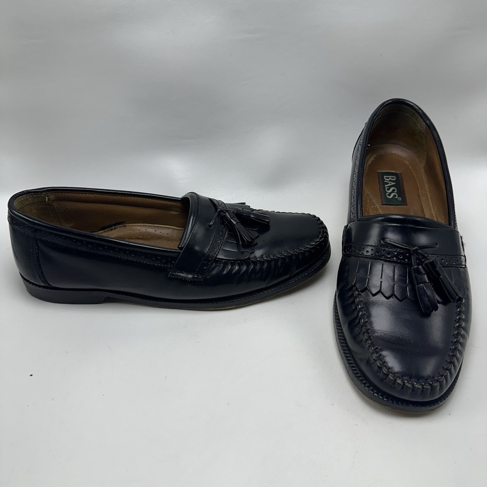 Bass Nelson Weejuns Black Leather Kiltie Tassel Loafers Men's 9.5 D V Cleat